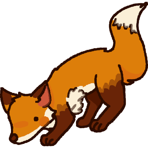 pixelated style drawing od a red fox with its snout down, it's tail and hindquarters are raised higher than its front half. It's has cream white markings on its face, chest, and tail along with warm brown markings on its legs and ears. 